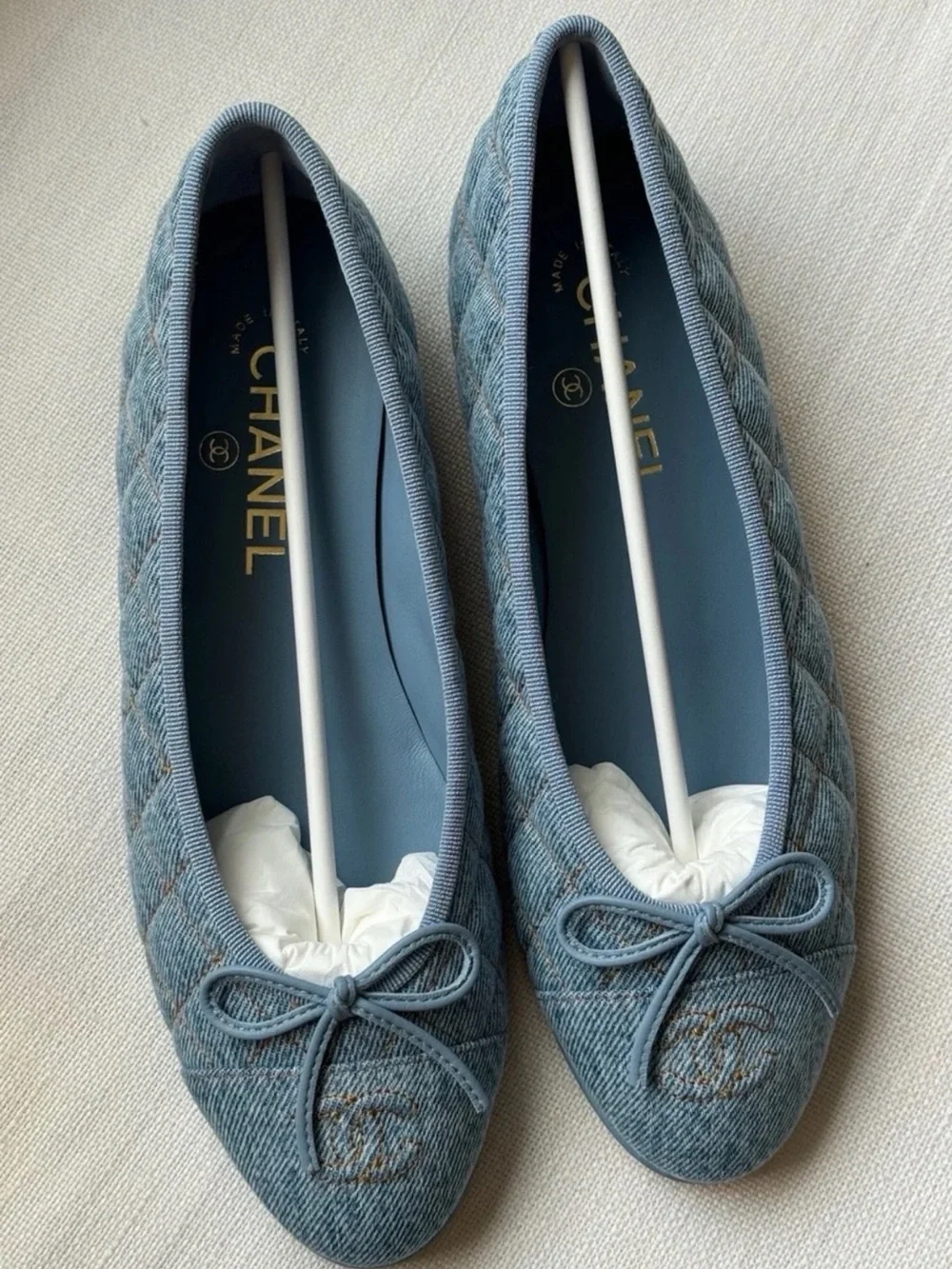Chanel 26B Light Blue Denim Quilted CC Logo Bow Tie Ballet Ballerina Flat 36.5
